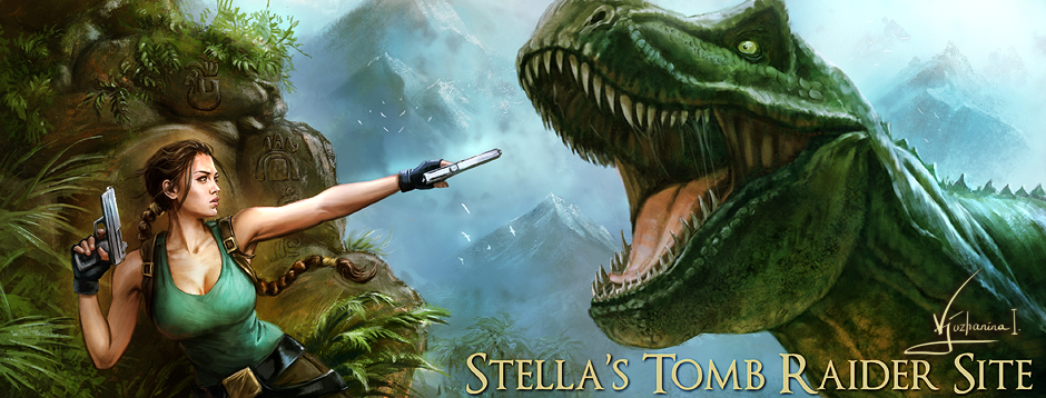 Stella's Tomb Raider Site title. Survivor-era Lara Croft with bow and climbing axe, breaking into an ancient chamber to find the Key of Chak Chel, a dagger-shaped artifact. Art by Inna Vjuzhanina.